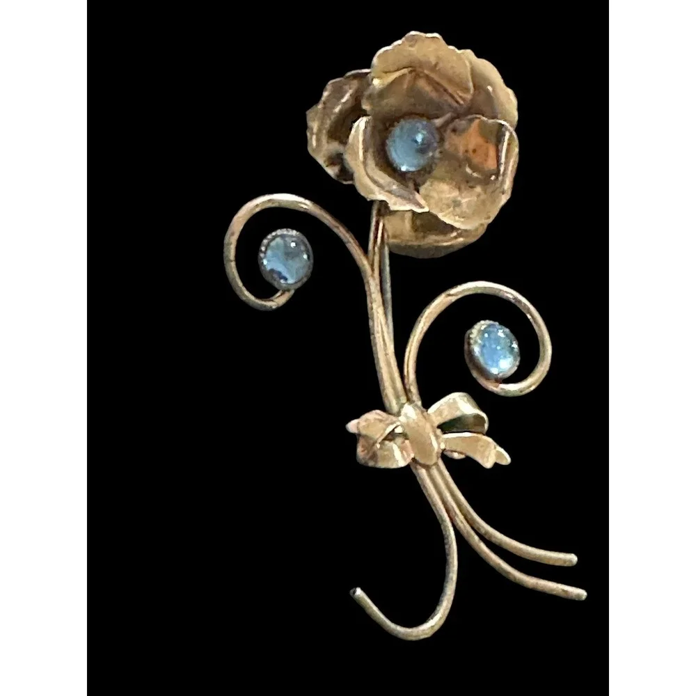 Vintage Gold Tone Flower Floral Brooch Blue Rhinestones Signed AVIL‎ STE